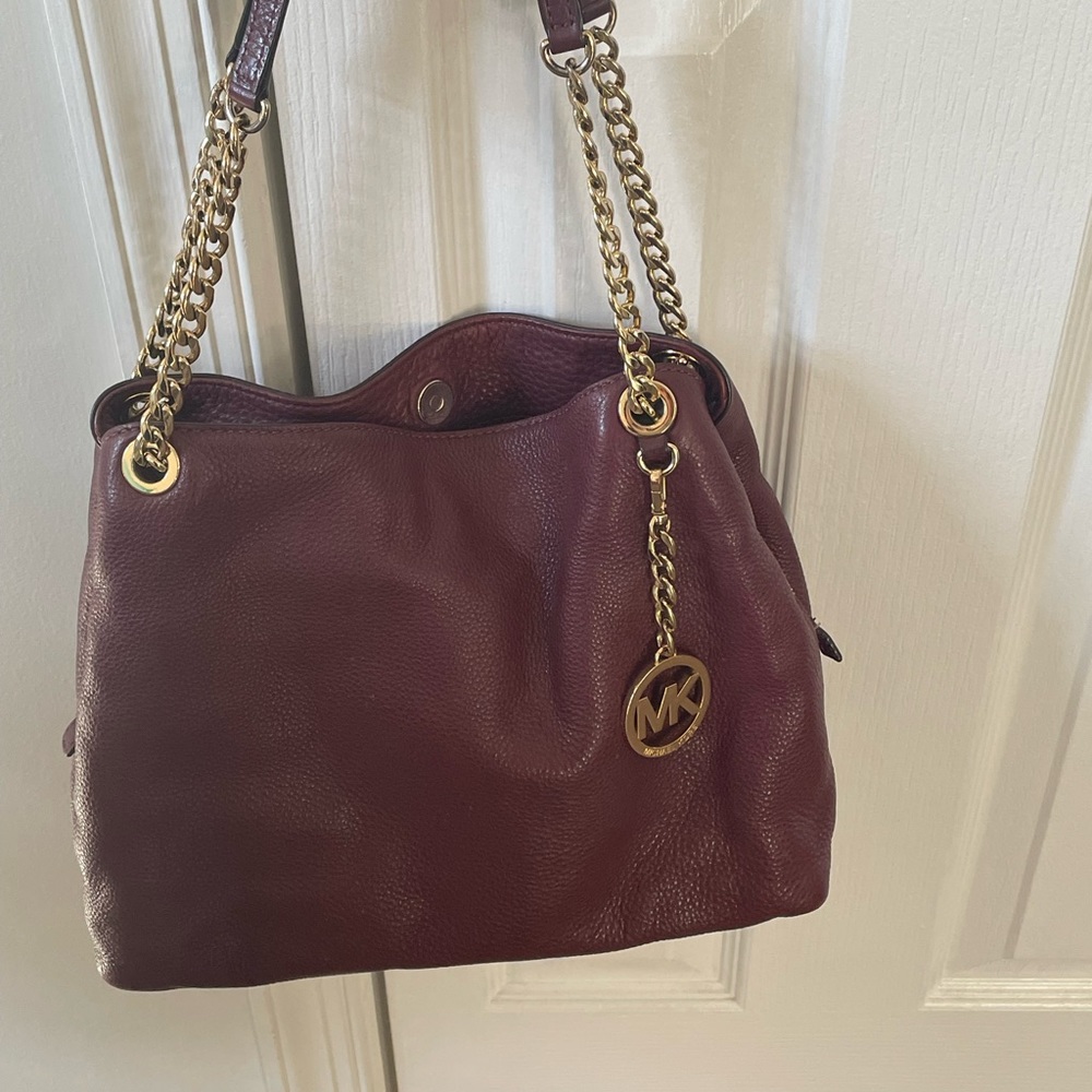Micael Kors Burgandy Leather Bag Genuine Jet Set Chain Shoulder Bag